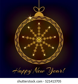 Happy New Year Card. Vector Illustration. Decorative Christmas Background with Golden Snowflake.
