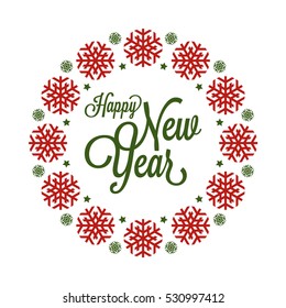 Happy New Year Card. Vector illustration. Lettering. Snowflakes in a circle.