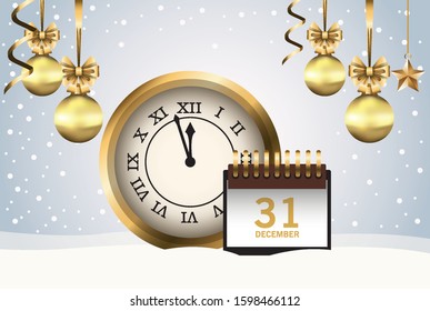 happy new year card with watch and calendar vector illustration design