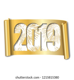 Happy new year card. White number 2019, gold firework. Scroll isolated white background. Golden ribbon handscroll. Curved frame ribbon border. Design decoration. Christmas banner Vector illustration