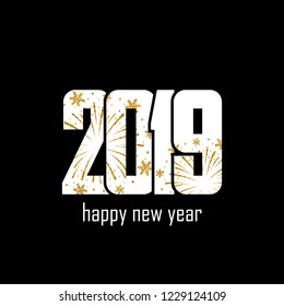Happy new year card. White number 2019 with gold snowflakes, isolated black background. Golden firework. Bright design for holiday celebration, greeting text, Christmas banner Vector illustration