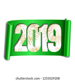 Happy new year card. White number 2019, gold firework. 3D scroll isolated white background. Green ribbon handscroll. Curved frame ribbon border Design decoration. Christmas banner Vector illustration