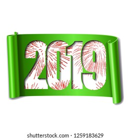 Happy new year card. White number 2019, red firework. 3D scroll isolated white background. Green ribbon handscroll. Curved frame ribbon border Design decoration. Christmas banner Vector illustration