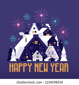 Happy New Year card with winter village and fireworks. Snowy Christmas houses flat landscape congratulation postcard with Alp countryside and cozy winter cabins by falling snow.