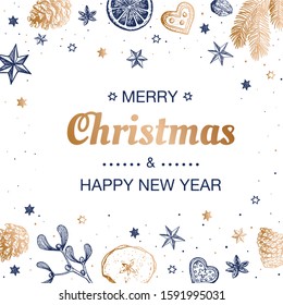 Happy New Year card. Xmas  Christmas posters, greeting cards, headers, website, banner. Vector modern vintage hand drawn Christmas card template with various seasonal shapes. Unique hand drawn. EPS 10