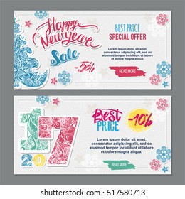 Happy New Year card with xmas tree, snowflakes and handwritten lettering. Season sale banner template.