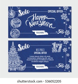 Happy New Year card with xmas tree, snowflakes and handwritten lettering. Season sale banner template.
