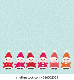 Happy New Year card for your text Funny gnomes in red hats on blue background. Vector