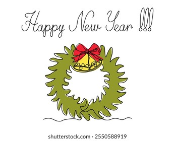 Happy New Year Card.abstract doodle Christmas wreath with bells ,continuous single line art drawing sketch, logo