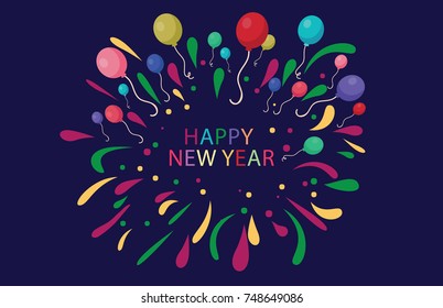 Happy New Year card.Happy New Year with Colorful Fireworks and balloons.Vector illustration of Colorful fireworks and balloons.Fireworks and celebration background. vector, illustration.