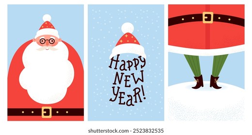 Happy New Year cards collection. Cute Santa Claus with big beard, lettering with hat and funny legs in snow. Isolated Christmas holiday vertical posters. Vector illustration.