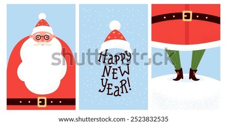 Happy New Year cards collection. Cute Santa Claus with big beard, lettering with hat and funny legs in snow. Isolated Christmas holiday vertical posters. Vector illustration.