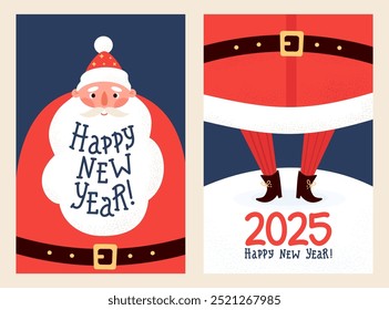 Happy New Year cards. Cute Santa Claus with big beard and funny legs with lettering congratulations. Isolated Christmas holiday vertical posters. Vector illustration