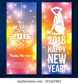 Happy New Year Cards design. Vector illustration. Blurred colorful background. Abstract Monkey icon. Ball with 2016 numbers. Place for your text message. Merry Christmas. Flare lights, bokeh.