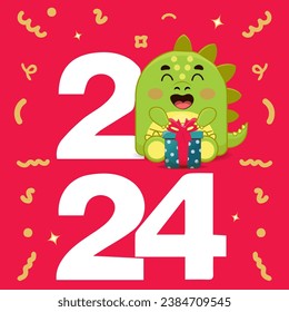 Happy new year cards set with dragon. Vector cute  illustrations with chinese horoscope symbol. Funny postcards with slogans lettering. Cartoon flat style Trendy new year 2024 design.