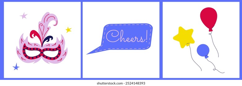 Happy new year cards set in flat style. Balloons, lettering and mask. Flat vector illustrations