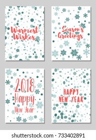 Happy New Year cards vector collection with holiday background pattern and wishes text. Greeting New Year banners, cards vector templates set. Modern holiday postcards graphic design collection.