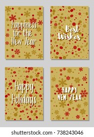 Happy New Year cards vector collection with holiday background pattern and wishes text. Greeting New Year banners, cards vector templates set. Modern holiday postcards graphic design collection.