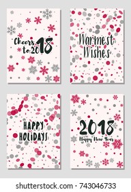 Happy New Year cards vector collection with holiday background pattern and wishes text. Greeting New Year banners, cards vector templates set. Modern holiday postcards graphic design collection.