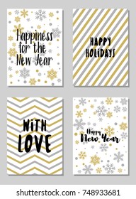 Happy New Year cards vector collection with holiday background pattern and wishes text. Greeting New Year banners, cards vector templates set. Modern holiday postcards graphic design collection.