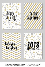 Happy New Year cards vector collection with holiday background pattern and wishes text. Greeting New Year banners, cards vector templates set. Modern holiday postcards graphic design collection.