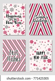 Happy New Year cards vector collection with holiday background pattern and wishes text. Greeting New Year banners, cards vector templates set. Modern holiday postcards graphic design collection.
