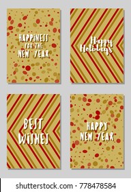 Happy New Year cards vector collection with holiday background pattern and wishes text. Greeting New Year banners, cards vector templates set. Modern holiday postcards graphic design collection.