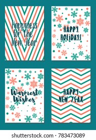 Happy New Year cards vector collection with holiday background pattern and wishes text. Greeting New Year banners, cards vector templates set. Modern holiday postcards graphic design collection.