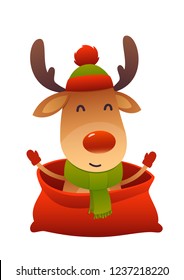 Happy new year cartoon card christmas reindeer in Santa Claus bag isolated