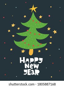 happy new year. cartoon Christmas tree, hand drawing lettering, decor elements on a neutral background. holiday theme.  Colorful vector illustration, flat style. design for greeting cards, print, post