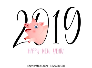 Happy New Year with cartoon chubby piglet banner design. Calligraphy with funny chubby pig inside zero number on white background. Can be used for postcards, calendars, greetings