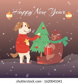 Happy New Year cartoon fir tree, bear and dog in winter clothes with gifts, greeting card design vector illustration. Winter happy new year holiday and merry christmas.