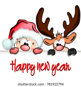 Happy new year and cartoon funny santa claus and reindeer. Christmas background card. Vector illustration