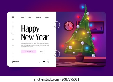 Happy New Year cartoon landing page. Room at Christmas night, home interior with decorated potted fir tree with toys and glowing garlands, Xmas eve celebration, winter holidays, Vector web banner