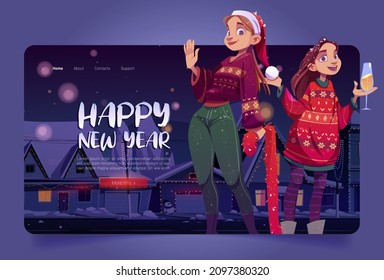 Happy New year cartoon landing page. Cheerful women wear knit sweaters and Santa Claus hat drink champagne on night winter street, Merry Christmas greetings, party celebration, Vector web banner