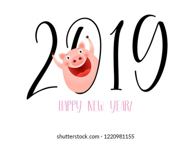 Happy New Year with cartoon laughing piglet banner design. Calligraphy with pig inside zero number on white background. Can be used for postcards, calendars, greetings