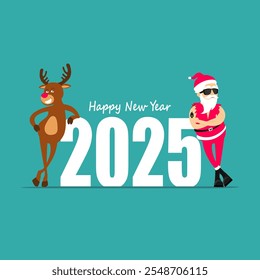 Happy New Year! Cartoon reindeer and Santa Claus. Greeting card 2025. vector illustration