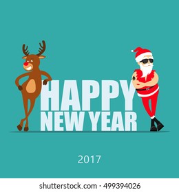 Happy New Year! Cartoon reindeer Rudolf and Santa Claus. Greeting card 2017. 