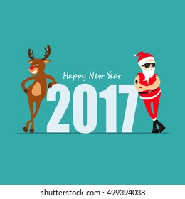 Happy New Year! Cartoon reindeer Rudolf and Santa Claus. Greeting card 2017. vector illustration