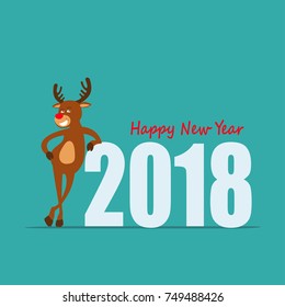 Happy New Year! Cartoon reindeer Rudolph  of Santa Claus. Greeting card 2018. vector illustration