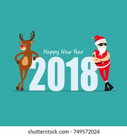 Happy New Year! Cartoon reindeer Rudolph and Santa Claus. Greeting card 2018. vector illustration