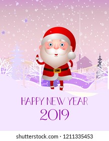 Happy New Year and cartoon Santa banner design. Creative calligraphy with cartoon character of Santa Claus. Snowy trees on background. Can be used for posters, banners, greetings