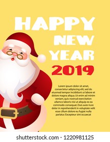 Happy New Year with cartoon Santa Claus yellow banner design. Inscription with cartoon character of Santa Claus on yellow background. Can be used for postcards, greetings, calendars