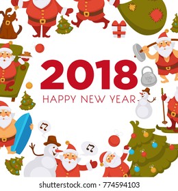 Happy New Year cartoon Santa celebrating holidays or having leisure summer fun icons for greeting card design.