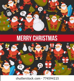 Happy New Year cartoon Santa celebrating holidays or having leisure summer fun icons for greeting card design.