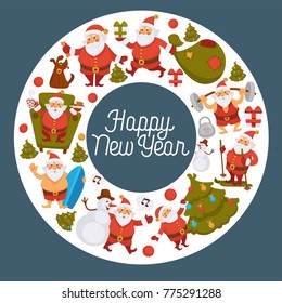 Happy New Year cartoon Santa celebrating holidays or having leisure summer fun icons for greeting card design.