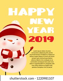 Happy New Year with cartoon snowman yellow banner design. Inscription with cartoon character of winking snowman in hat and scarf on yellow background. Can be used for postcards, greetings, calendars