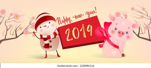 Happy New Year with cartoon snowman and  piglet poster design. Calligraphy with characters of snowman and piglet with ribbon on background with trees and flowers. Can be used for postcards, greetings