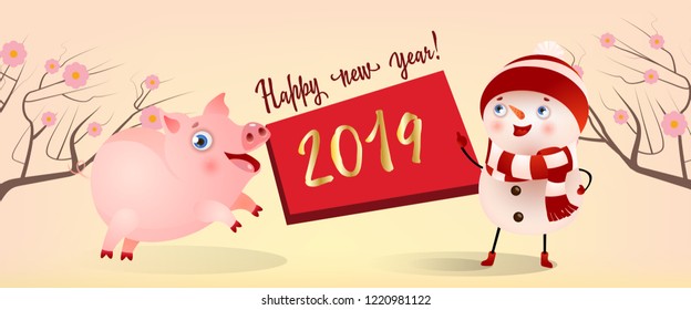 Happy New Year with cartoon snowman and chubby piglet poster design. Calligraphy with snowman and chubby piglet on background with trees and flowers. Can be used for postcards, greetings