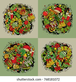 Happy New Year cartoon vector hand drawn doodle illustration. Colorful detailed designs with lot of objects and symbols. 4 square composition backgrounds set. All objects are separated